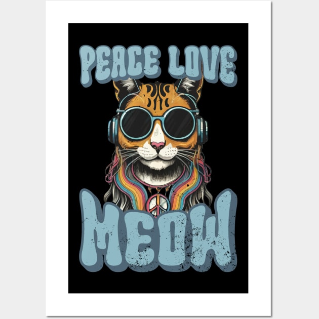 Peace Love Meow, Retro Groovy Style Hippie Cat Lover Design Wall Art by PugSwagClothing